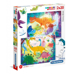 Puzzle carton 2in1 20 piese Clementoni Supercolor - funny dinos, set 2x, 24755 / 434773, 3+ ani